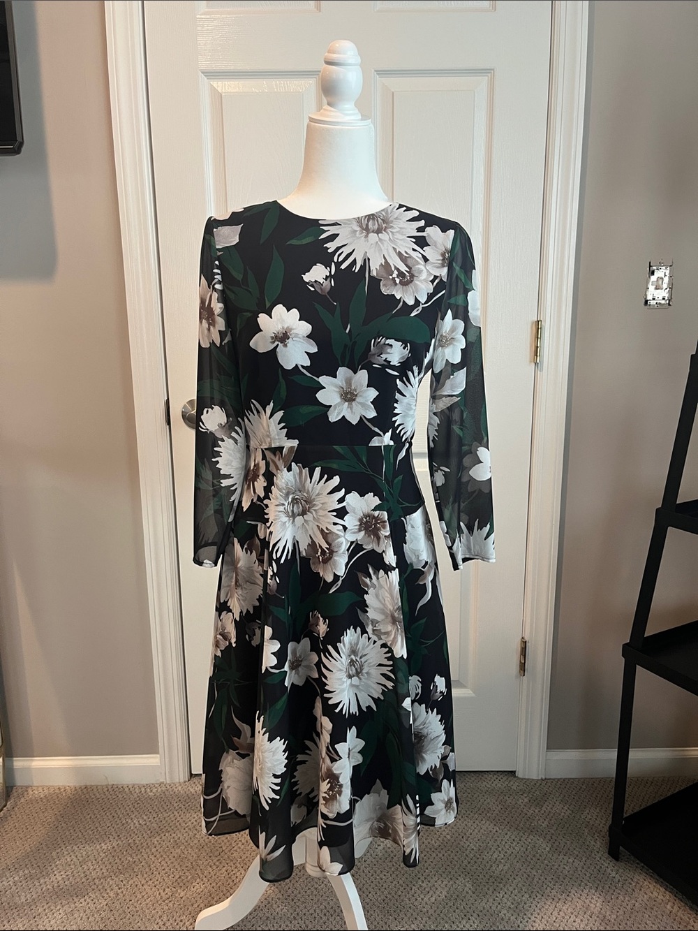 Black Floral Long-Sleeve Fit & Flare Dress